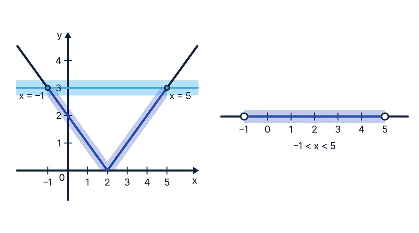 Graph and number-line representations of the solution to the inequality absolute value of x minus 2 is less than 3