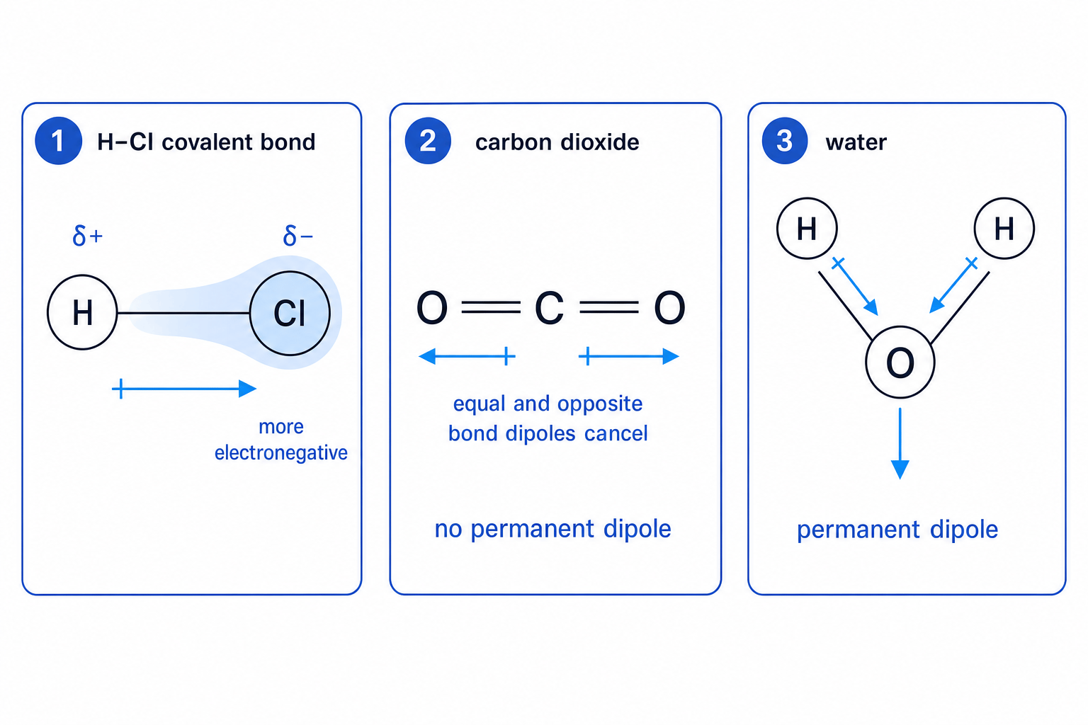 Bond polarity shown using HCl, carbon dioxide and water