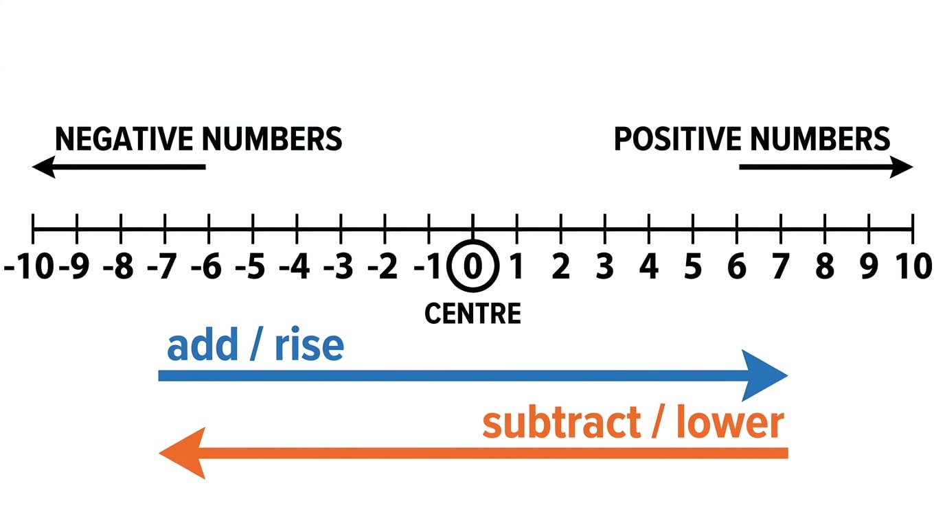 Number line showing negative numbers to the left of zero and positive numbers to the right, with arrows for add/rise and subtract/lower