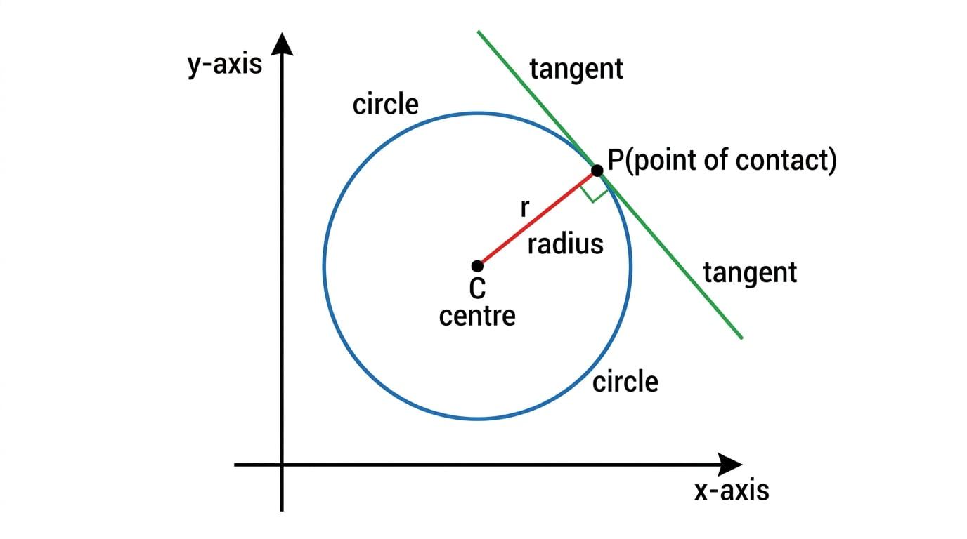 Coordinate diagram of a circle with centre, radius and tangent labelled