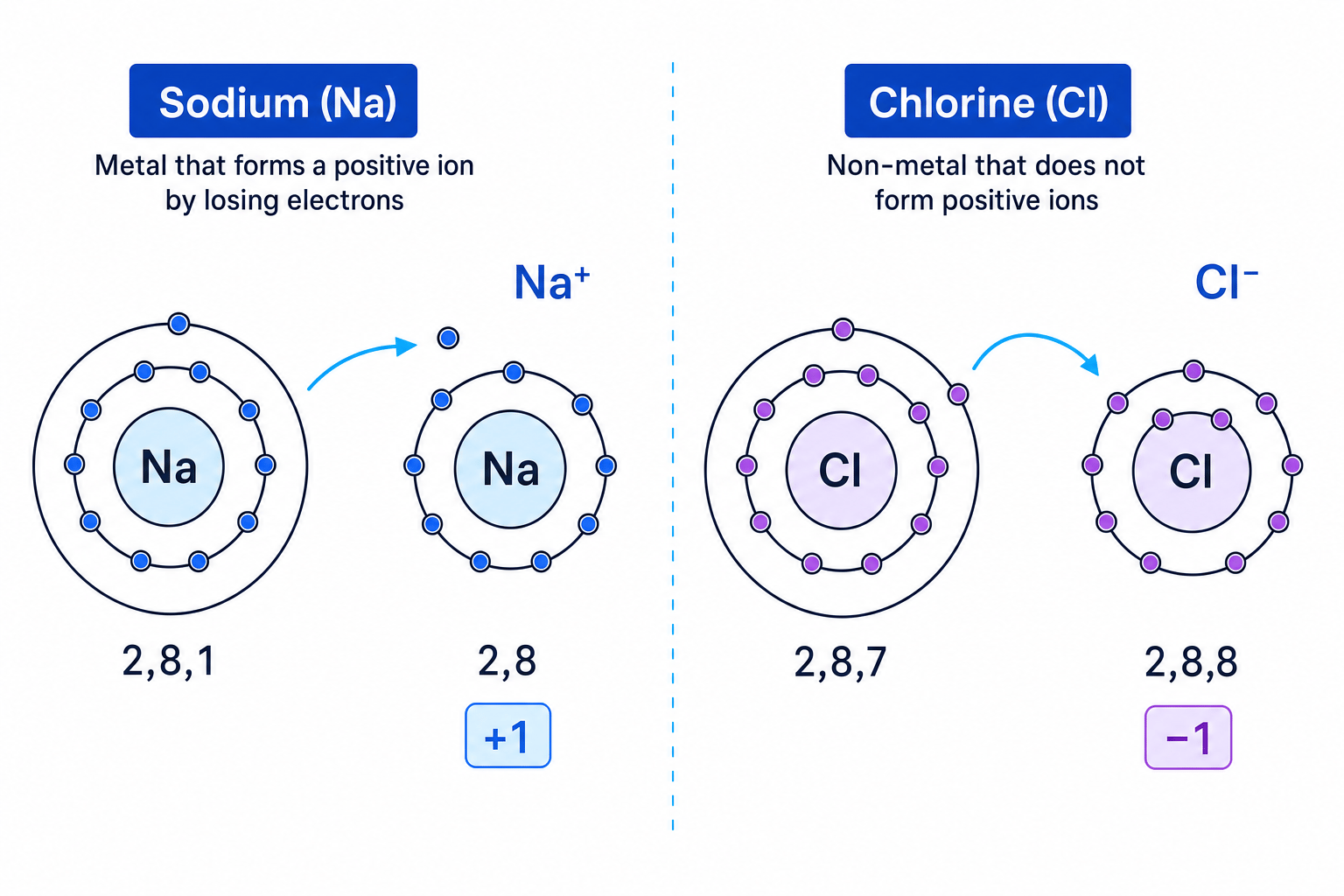 Electron shell diagrams showing sodium losing one electron to form Na+ and chlorine gaining one electron to form Cl-