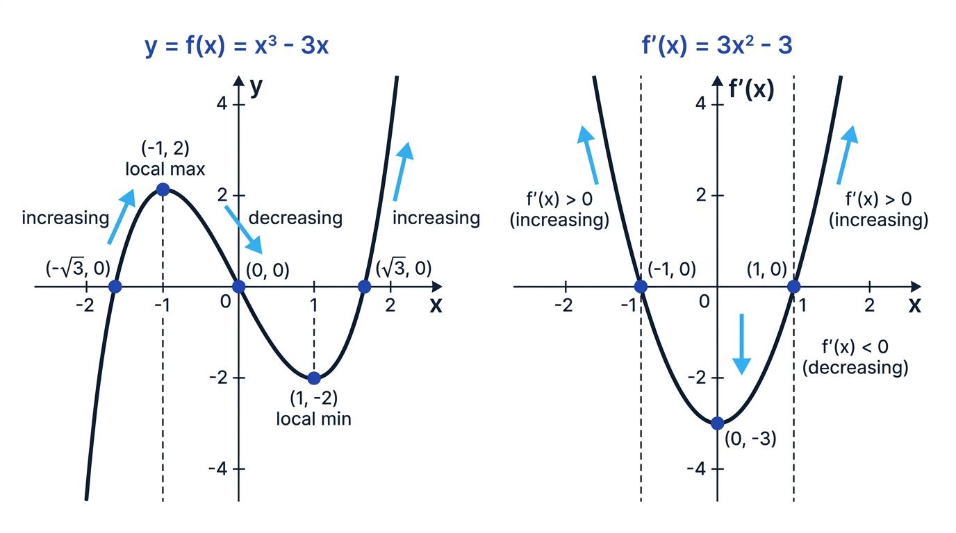 The cubic y equals x cubed minus 3x beside its gradient function, the parabola f prime of x equals 3x squared minus 3, with stationary points aligned to the derivative's zeros