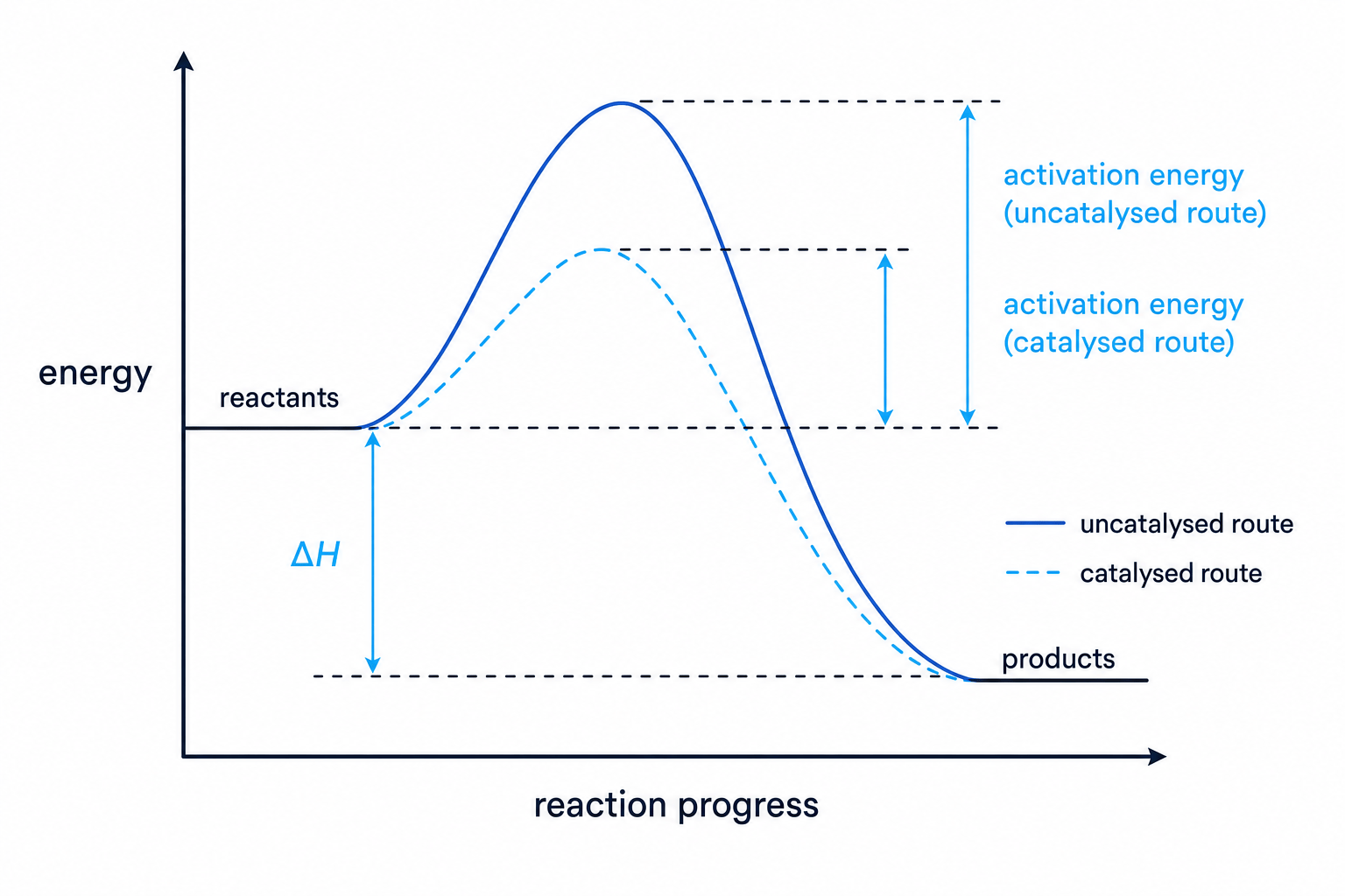 Reaction profile diagram showing catalysed and uncatalysed routes with different activation energies but the same enthalpy change