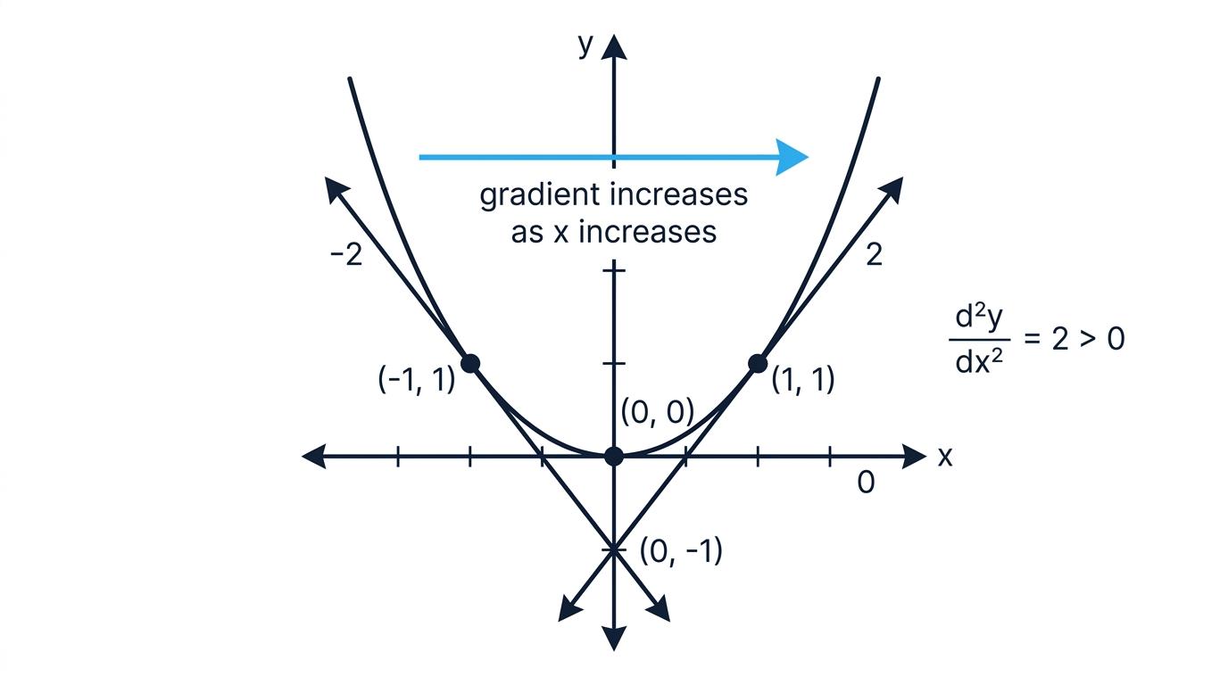 Graph of y equals x squared with tangent gradients minus 2, 0 and 2, showing that the gradient increases as x increases