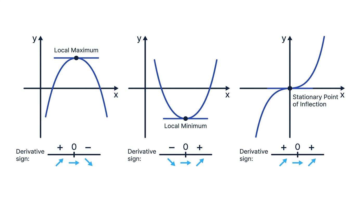 Local maximum, local minimum and stationary point of inflection with derivative sign changes