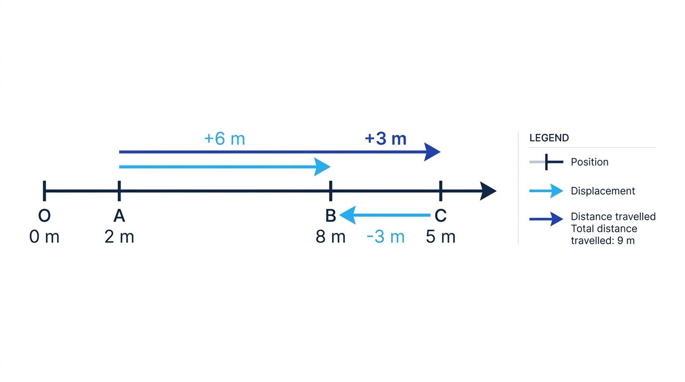 Position axis showing a journey from 2 m to 8 m and back to 5 m, with signed displacements and total distance labelled