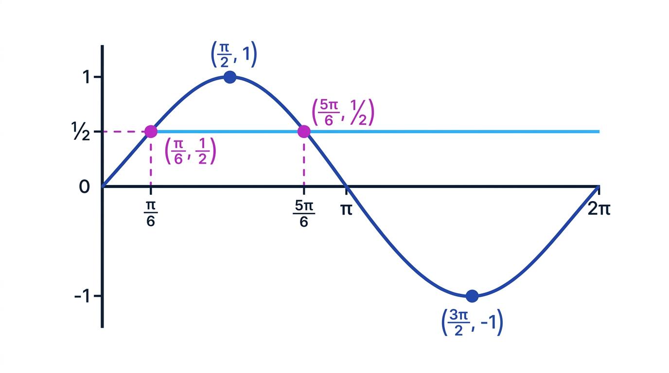 Graph of y = sin x and y = 1/2 showing intersections at pi/6 and 5pi/6
