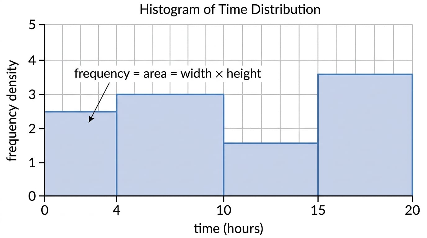 Histogram showing unequal class widths where frequency is represented by bar area