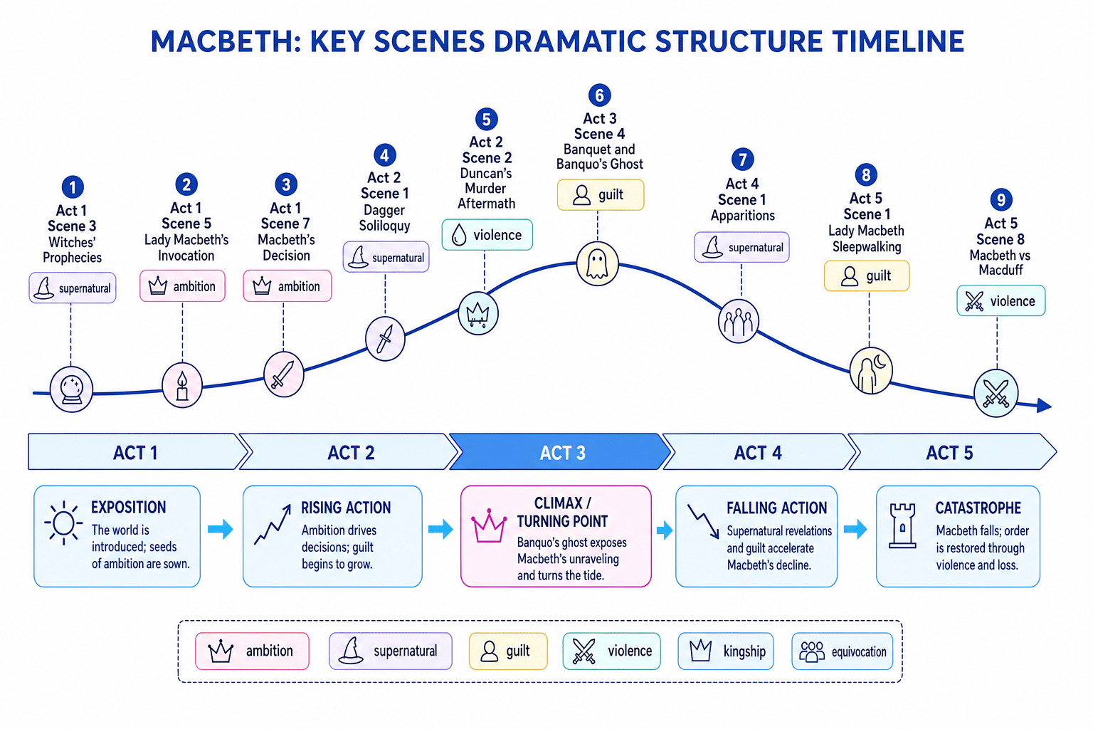 Macbeth key scenes dramatic structure timeline