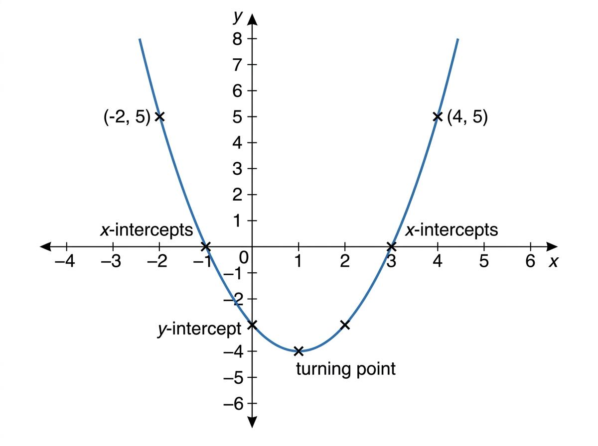 A labelled parabola for y equals x squared minus 2x minus 3, showing plotted points, x-intercepts, y-intercept and turning point.
