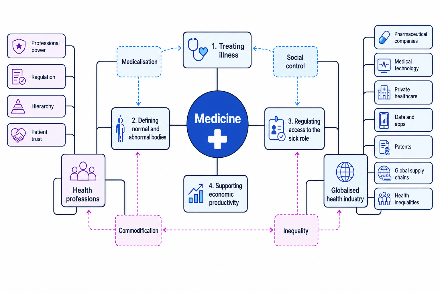 Concept map showing medicine, health professions, globalised health industry, medicalisation, commodification and inequality