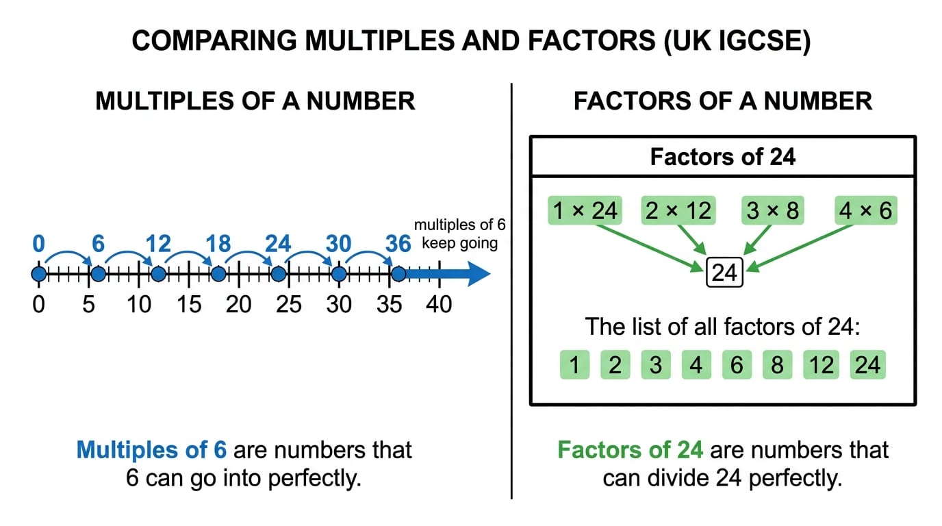 Diagram comparing multiples of 6 on a number line and factor pairs of 24