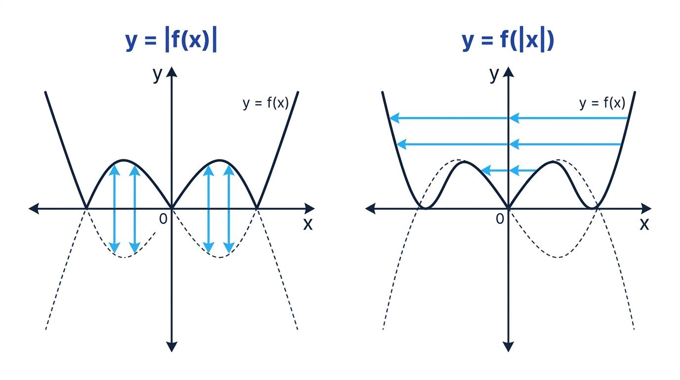 Comparison of the graph transformations y equals modulus f of x and y equals f of modulus x
