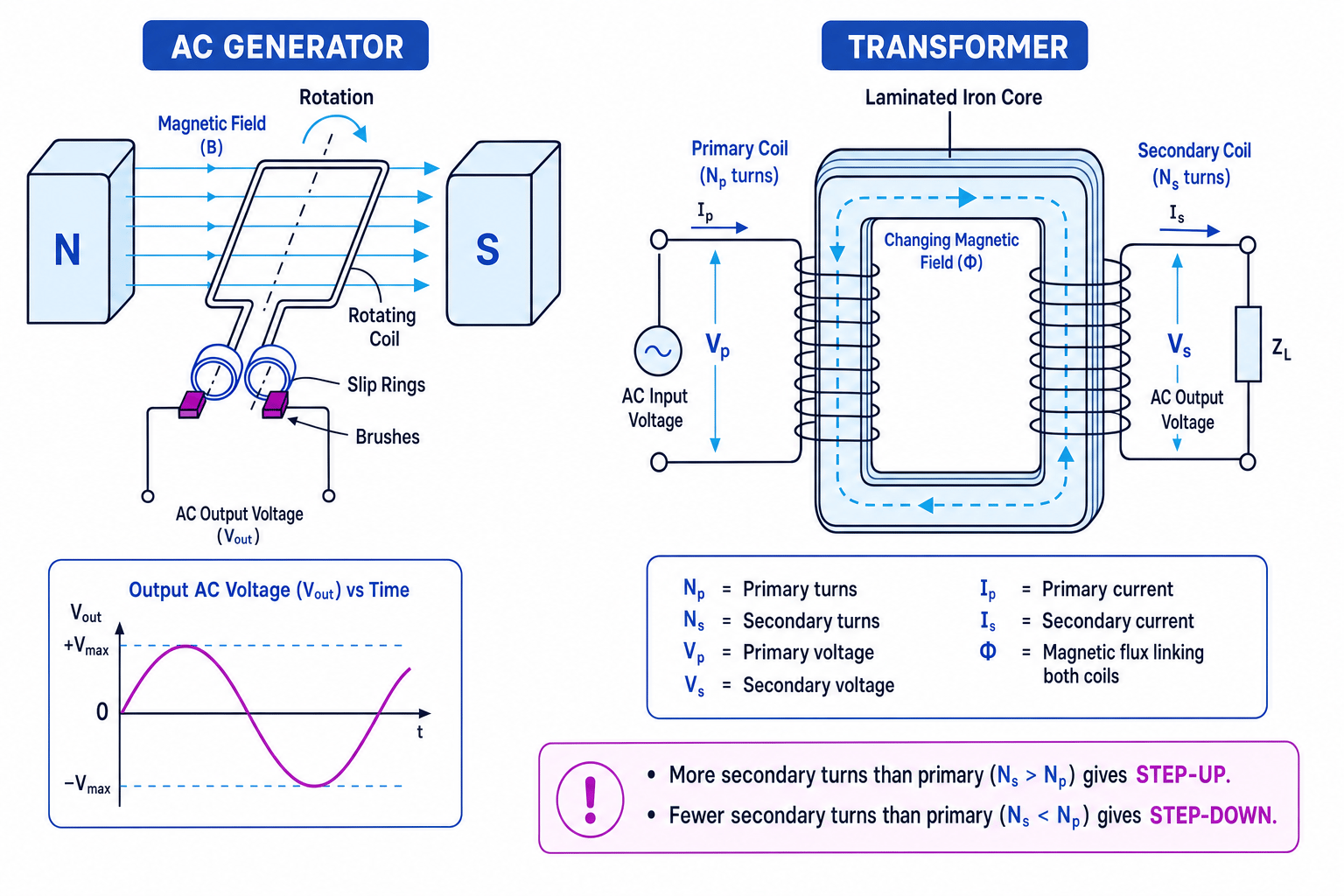Diagram of an AC generator and transformer with labelled coils, magnetic field, slip rings and transformer turns