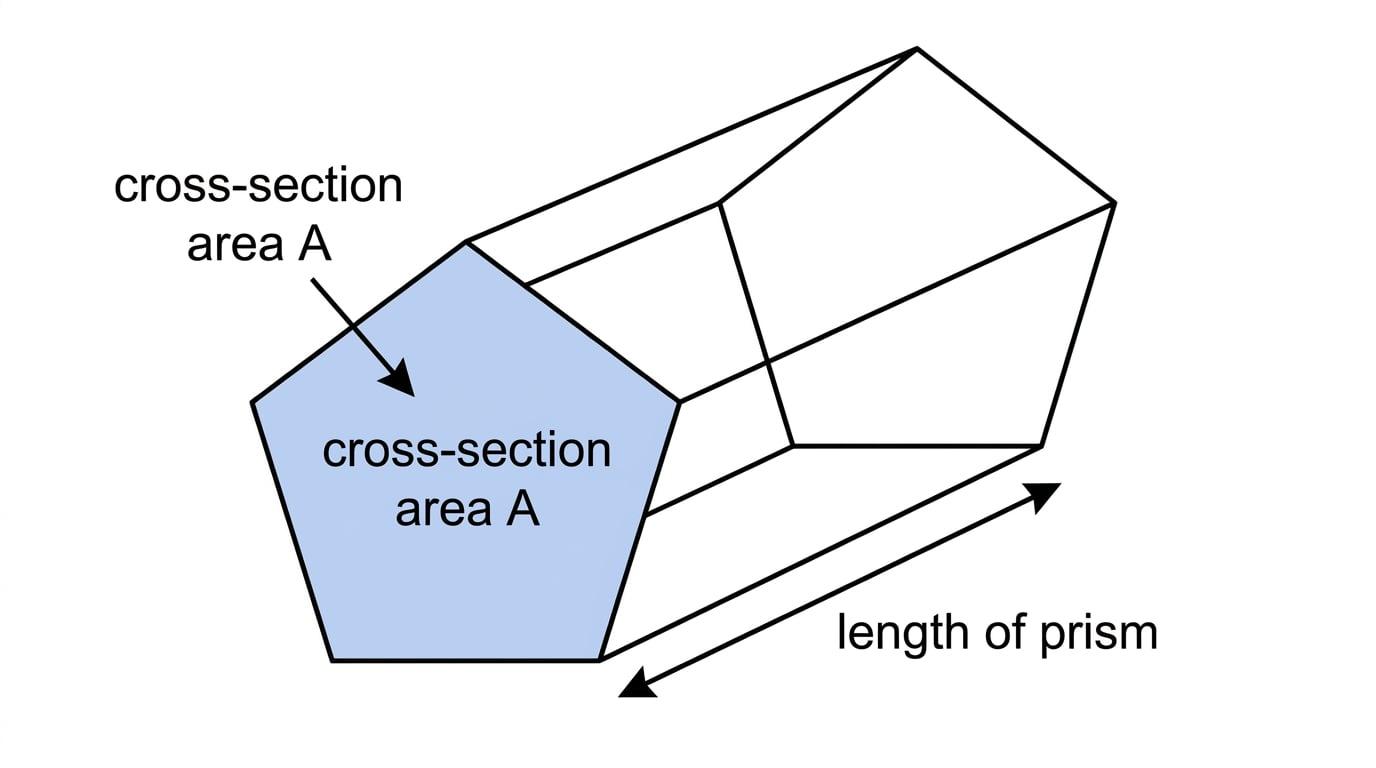 A labelled prism showing the cross-section area and the length of the prism