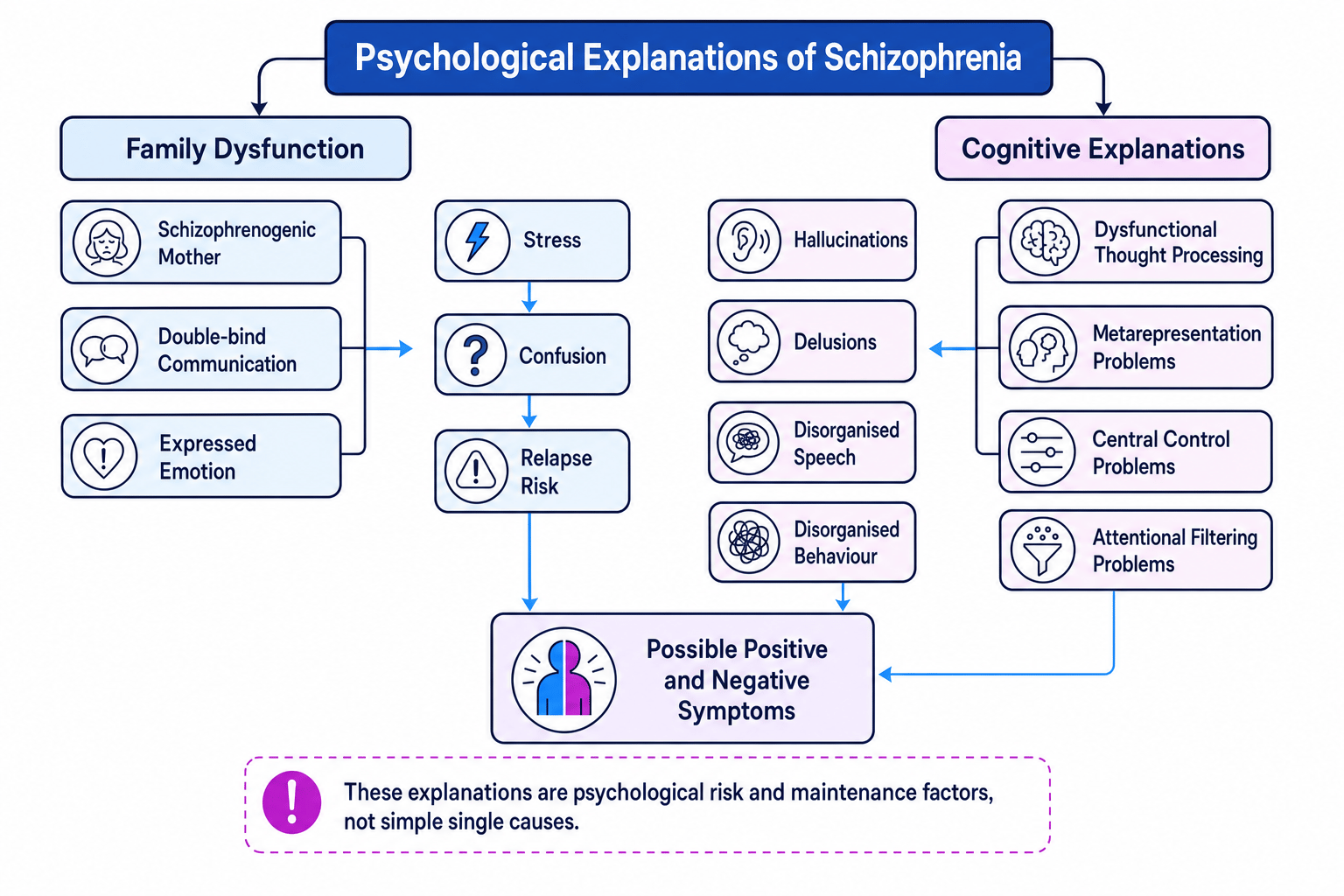 Flow diagram showing family dysfunction and cognitive explanations of schizophrenia