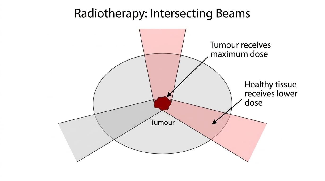Clean textbook diagram of radiotherapy intersecting beams. A cross-section of a human body (simple oval shape) with a small irregular tumour in the centre. Three distinct radiation beams entering from different angles, all intersecting exactly at the tumour. The intersecting area is highlighted in dark red, while the individual beams are light pink or light grey. Clearly labelled 'Tumour receives maximum dose' and 'Healthy tissue receives lower dose'.