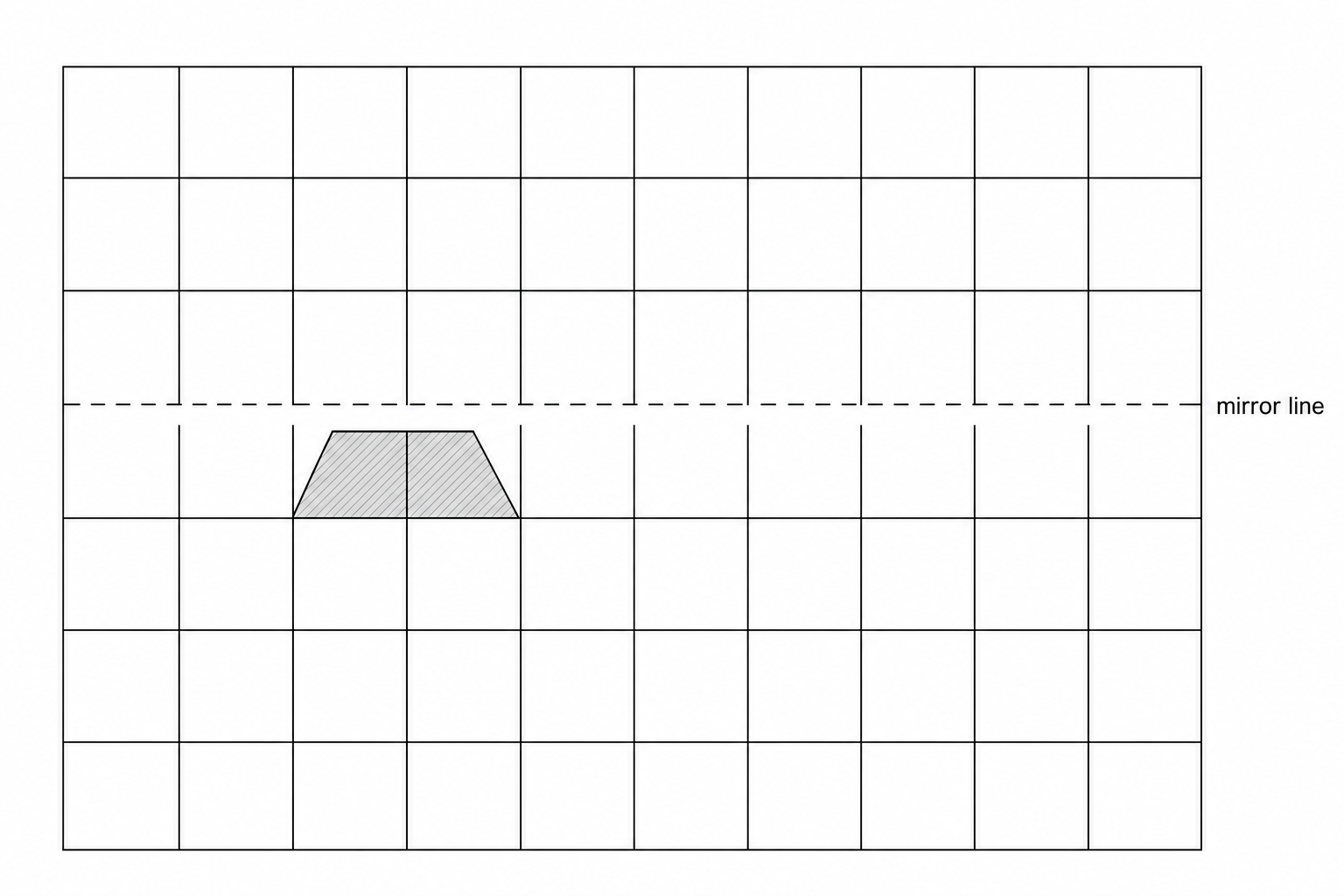 A 10x6 grid with a horizontal dashed line labeled 'mirror line' between the third and fourth rows from the top. A shaded trapezoid is located in the fourth row, spanning the third and fourth columns from the left.