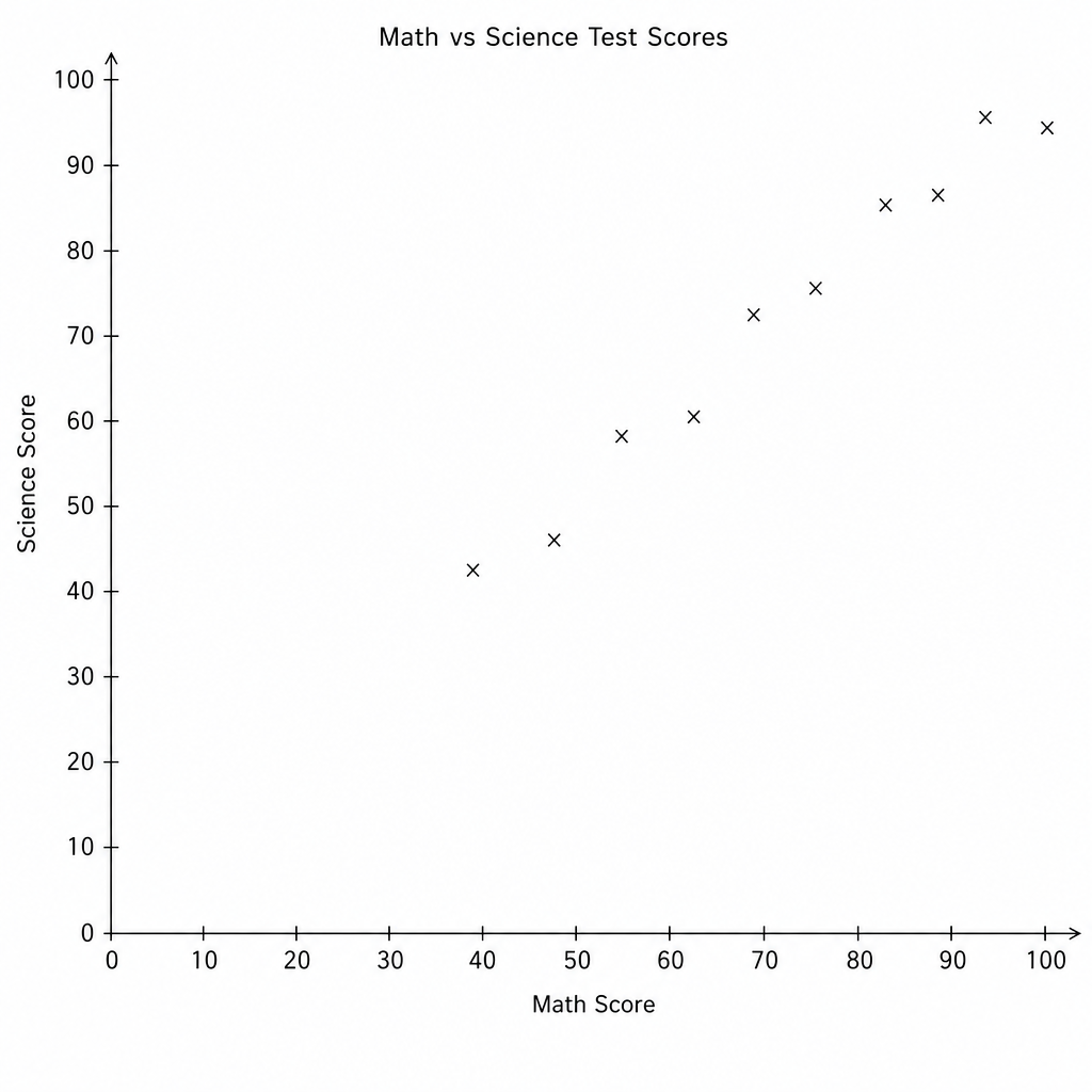 Scatter graph showing Science Test Scores vs Math Test Scores for 10 students.