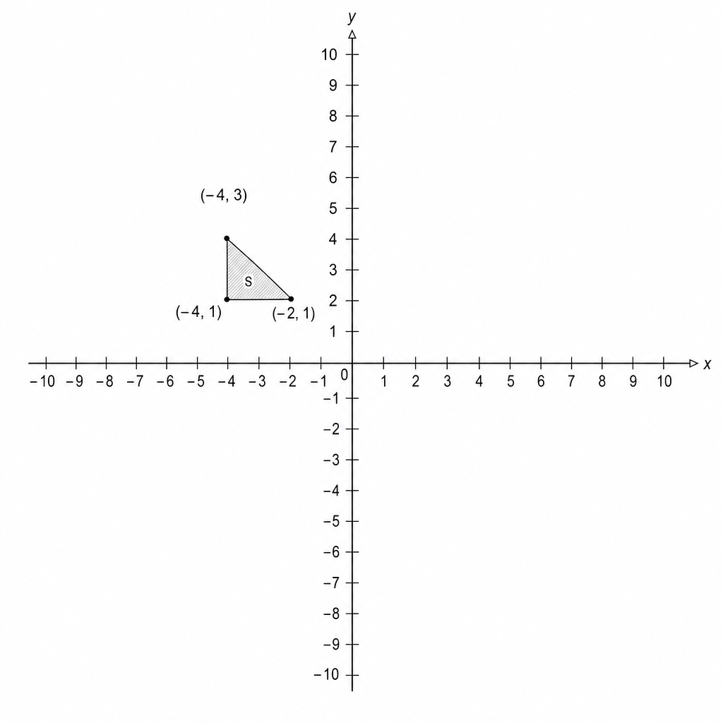 A coordinate grid with x and y axes ranging from -10 to 10. A shaded triangle labeled 'S' has vertices at (-4, 1), (-2, 1), and (-4, 3).