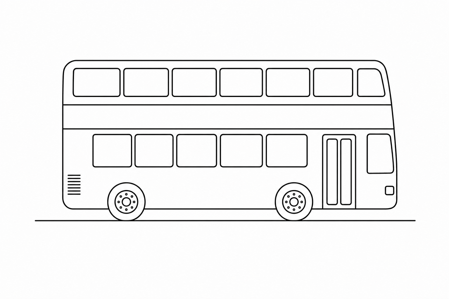 A silhouette of a double-decker bus viewed from the side, resting on a horizontal ground line.