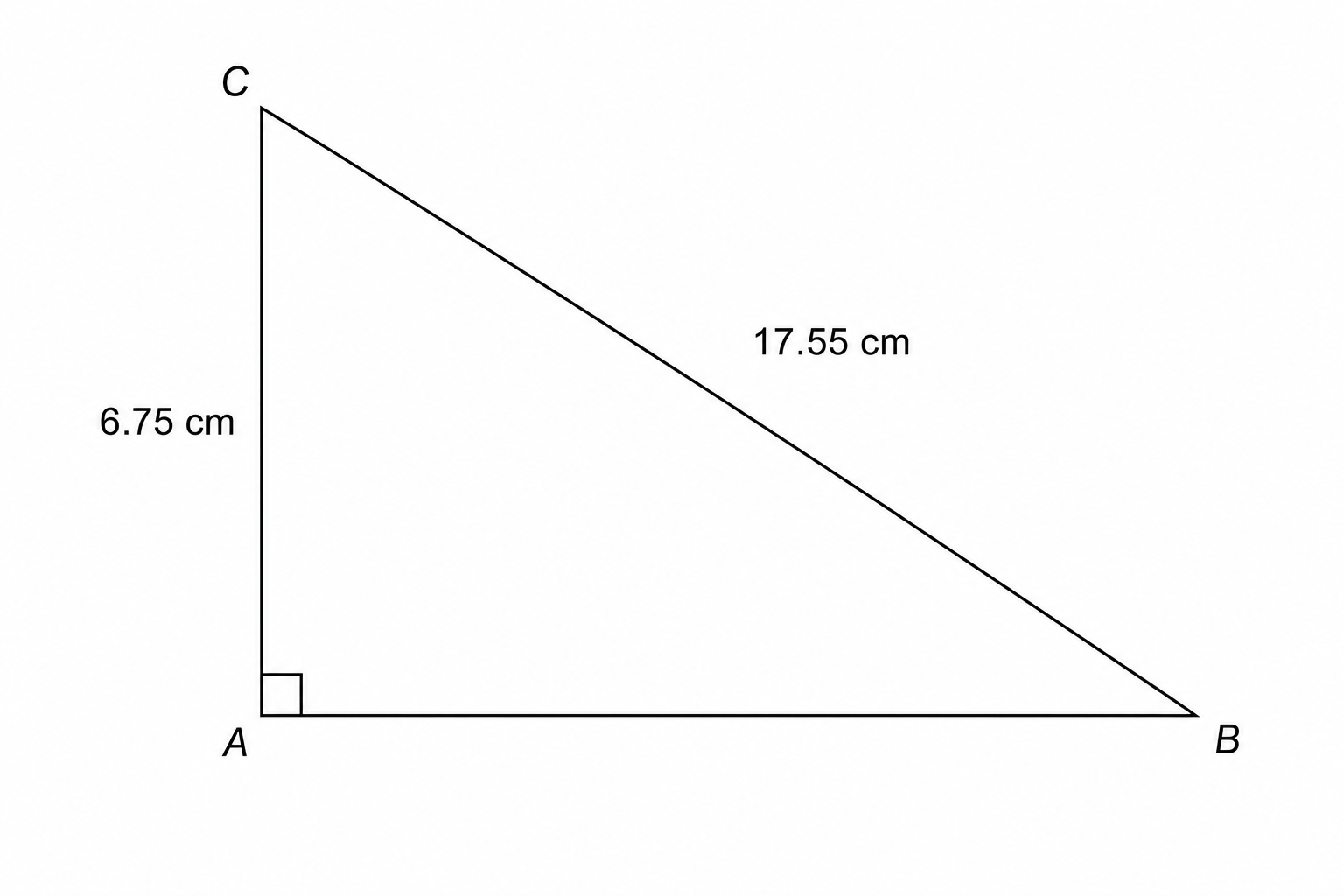Right-angled triangle ABC with right angle at A. AC = 6.75 cm, BC = 17.55 cm.