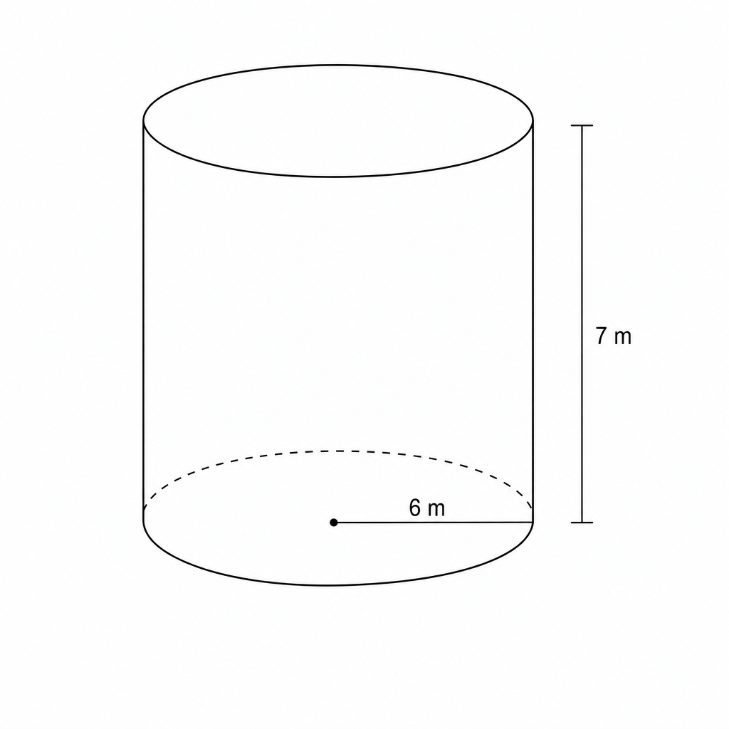 Diagram of a solid cylinder with radius 6 m and height 7 m.
