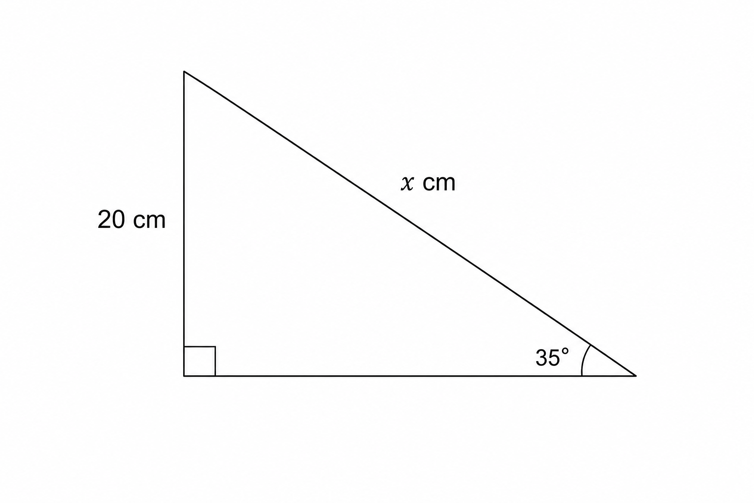 Right-angled triangle with vertical side 20 cm, hypotenuse x cm, and angle 35 degrees at the bottom right vertex.