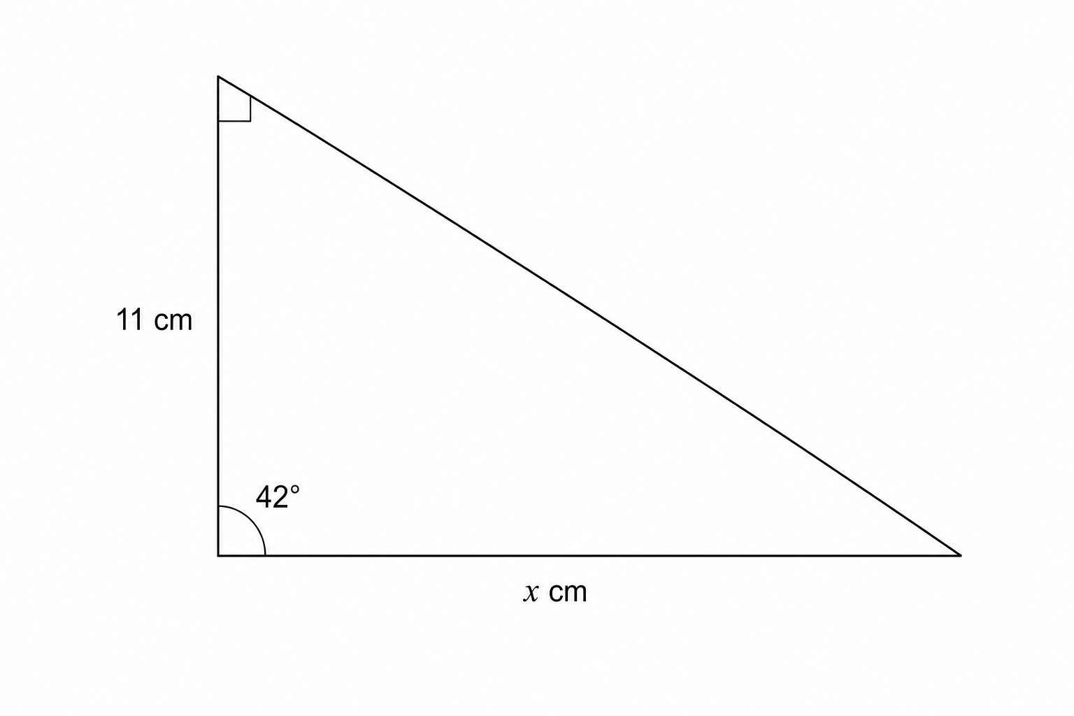 Right-angled triangle with vertical side 11 cm, horizontal side x cm, and angle 42 degrees at the bottom left vertex.