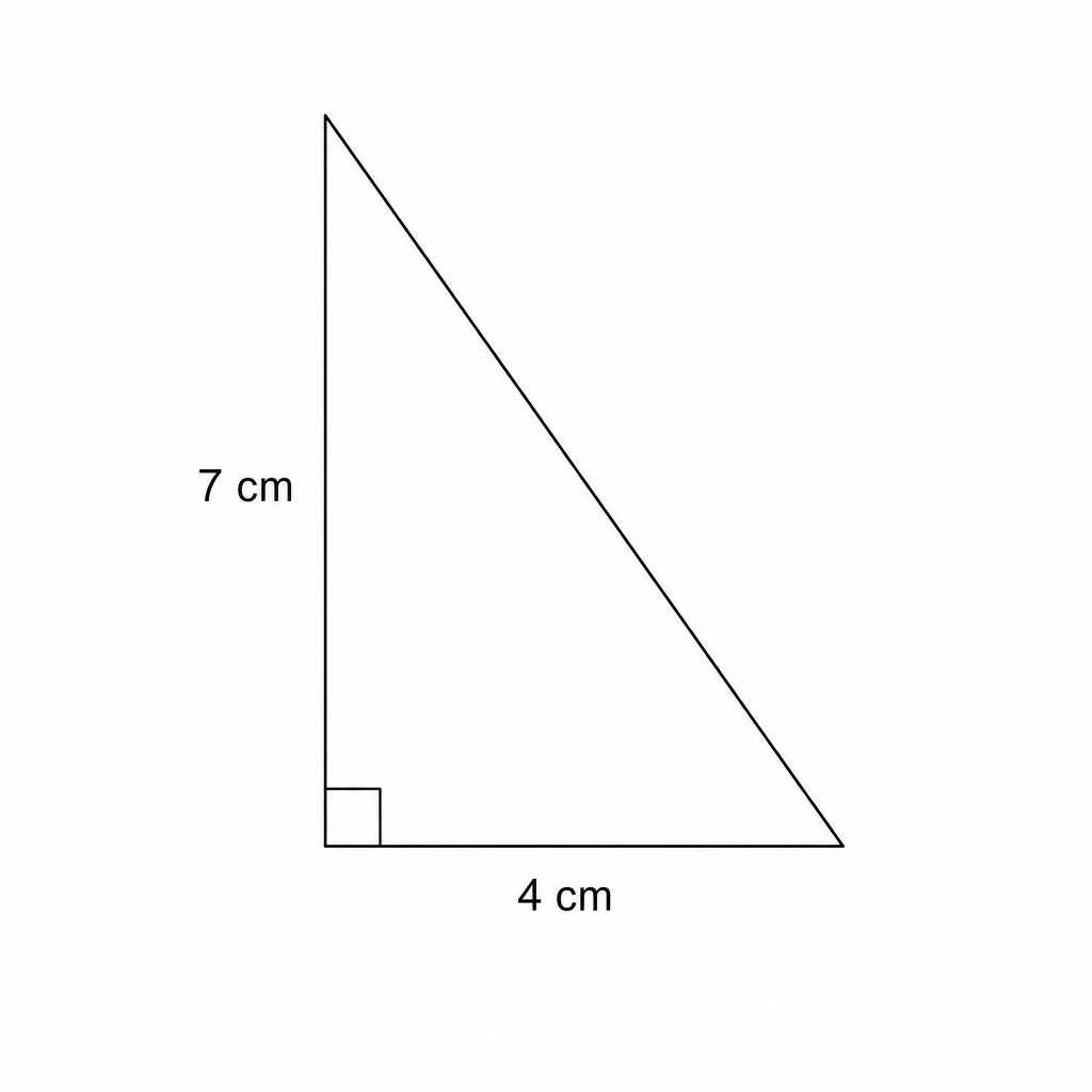 A right-angled triangle with a vertical side of 7 cm and a horizontal base of 4 cm.