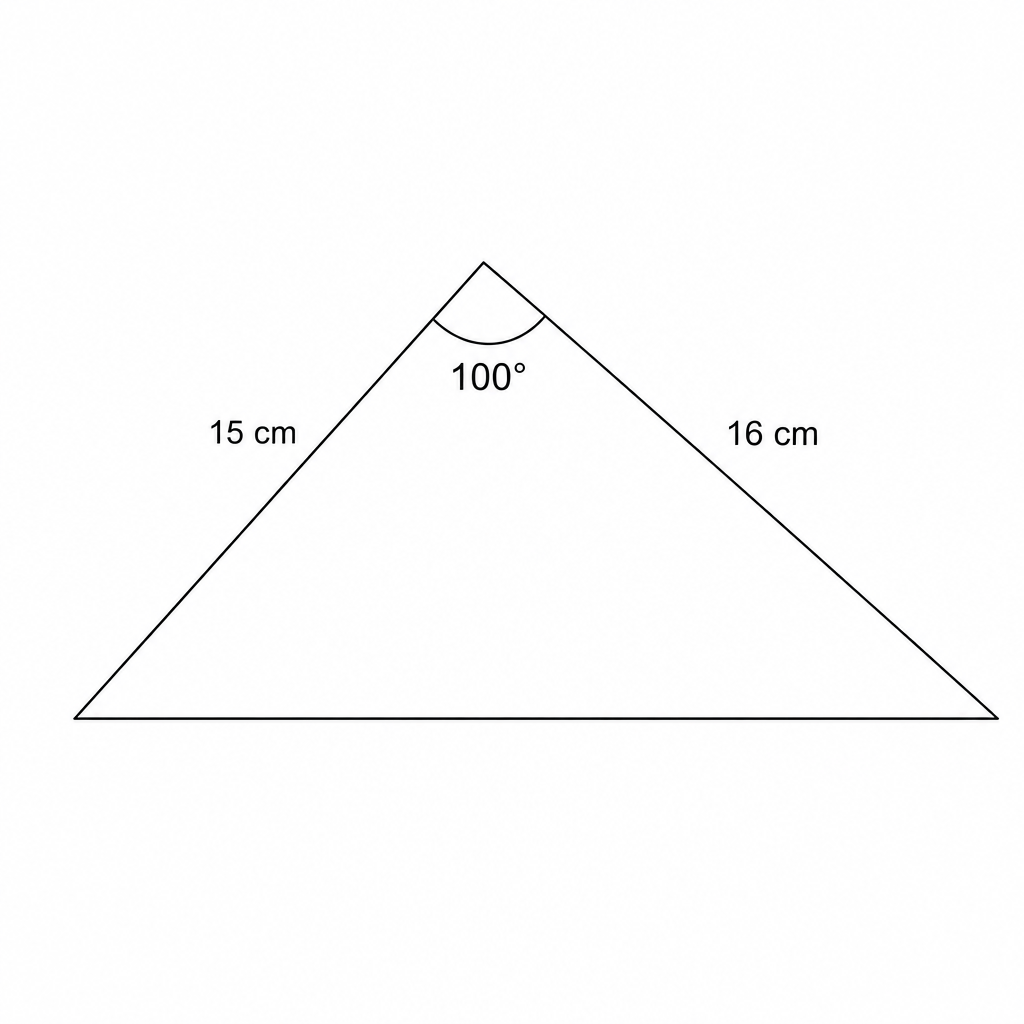 A triangle with two sides of 15 cm and 16 cm, and an included angle of 100 degrees.