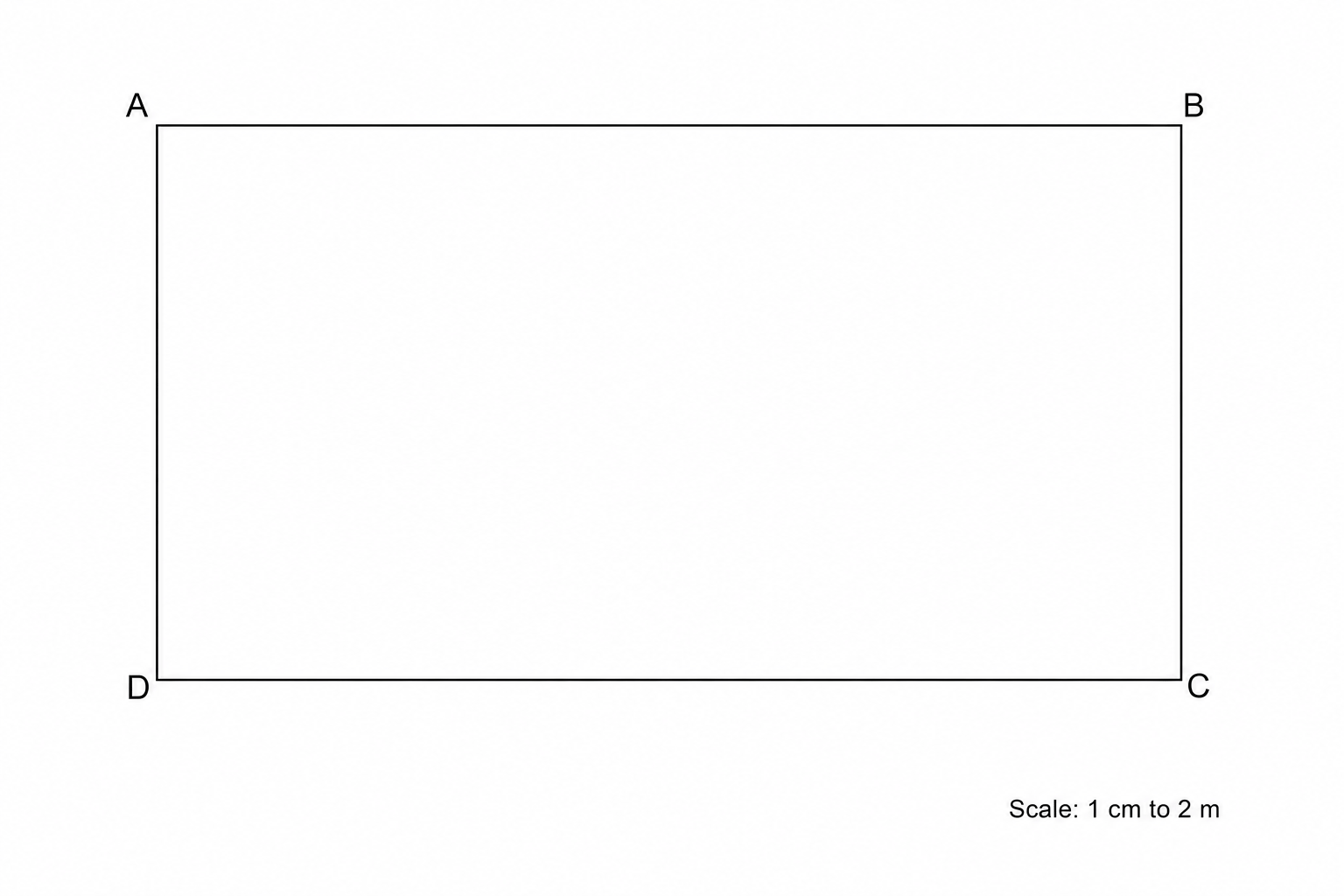 A scale drawing of a room, represented by a rectangle with vertices labeled A, B, C, and D.