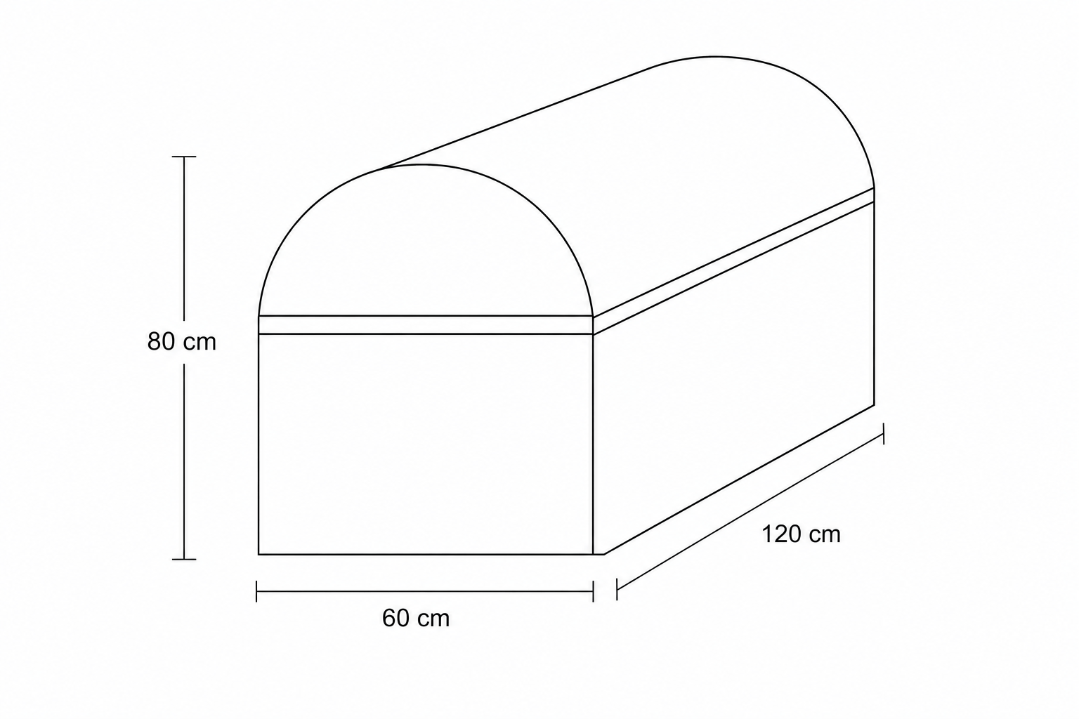 Diagram of a storage chest with a rectangular base and a half-cylinder lid.