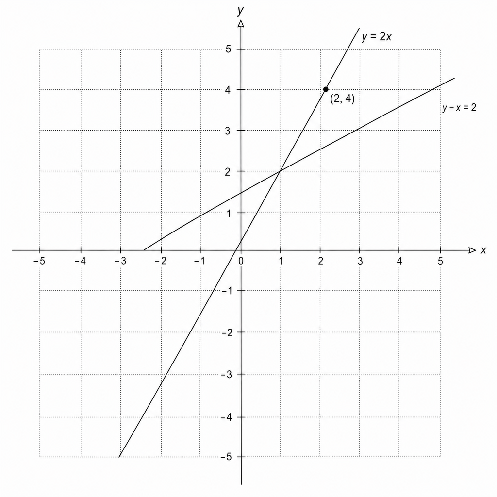 A coordinate grid with x and y axes ranging from -5 to 5. Two straight lines are plotted. The first line, y = 2x, passes through the points (0, 0), (1, 2), and (2, 4). The second line, y - x = 2, passes through the points (0, 2), (-2, 0), and (2, 4). The two lines intersect at the point (2, 4).
