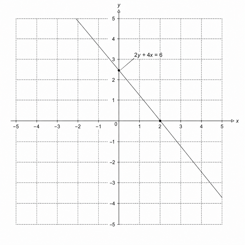 A coordinate grid with x and y axes ranging from -5 to 5. A straight line is plotted passing through (0, 3) and (1.5, 0).