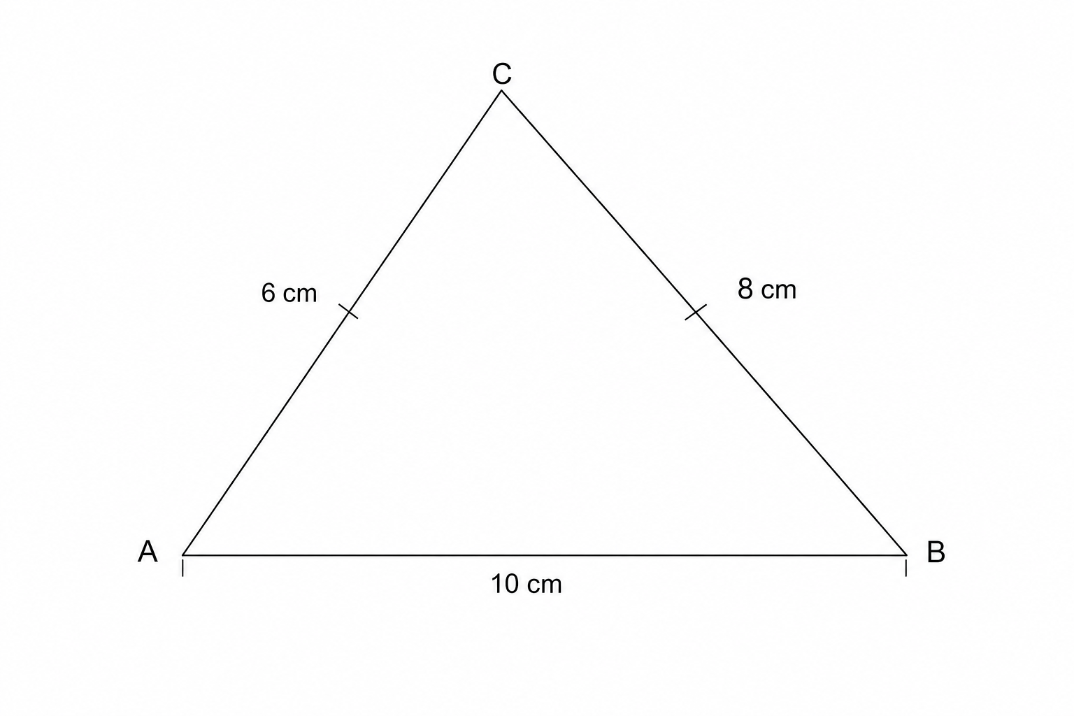 A diagram of triangle ABC. Vertex A is at the bottom left, vertex B is at the bottom right, and vertex C is at the top. The side AB is labeled 10 cm, side BC is labeled 8 cm, and side AC is labeled 6 cm.