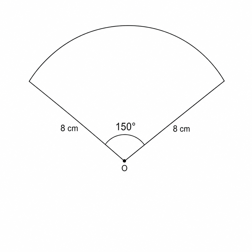 Diagram of a sector with center O, radius 8 cm, and central angle 150 degrees.
