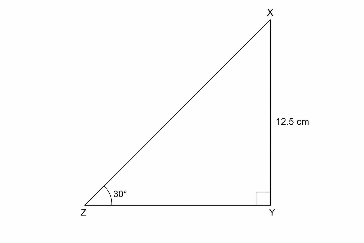 Right-angled triangle XYZ with right angle at Y, angle Z = 30 degrees, and side XY = 12.5 cm.