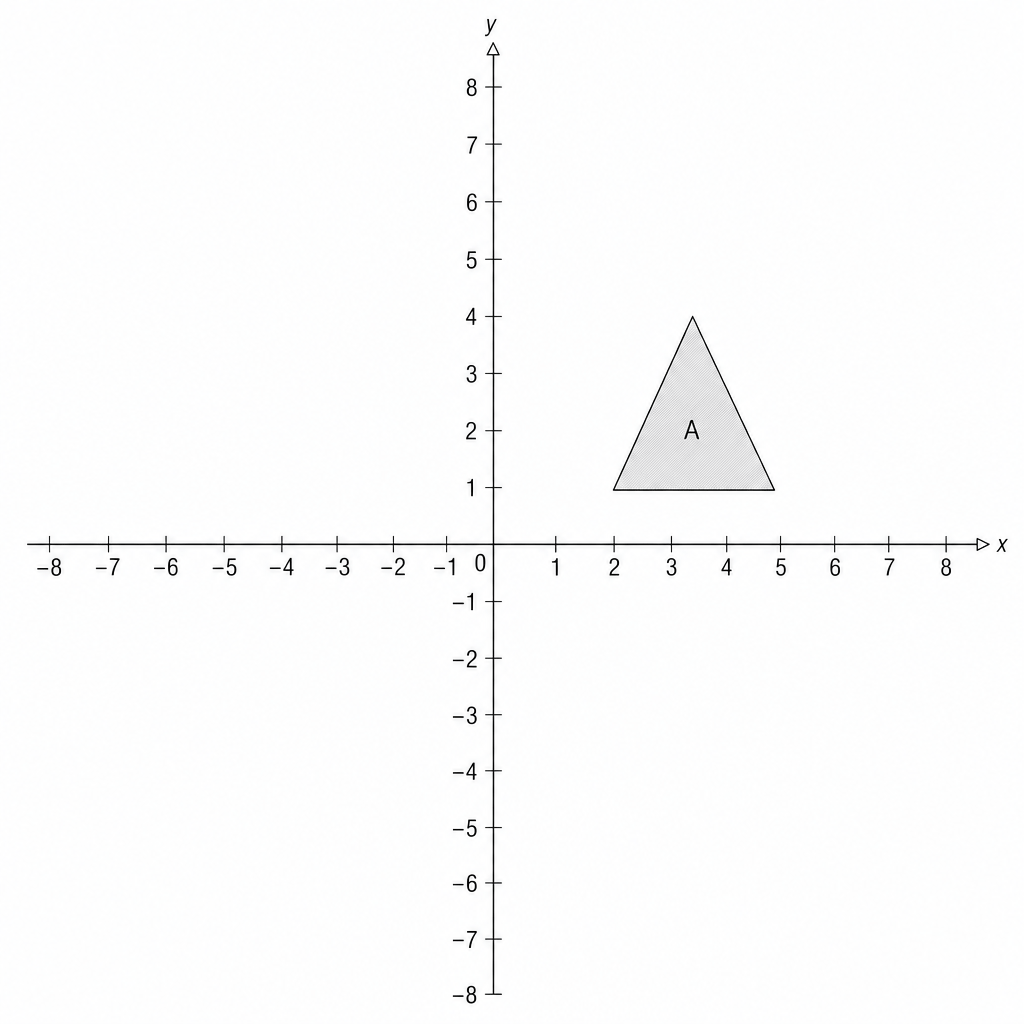 A coordinate grid with x and y axes ranging from -8 to 8. A shaded triangle labeled 'A' has vertices at (2, 1), (4, 1), and (3, 4).
