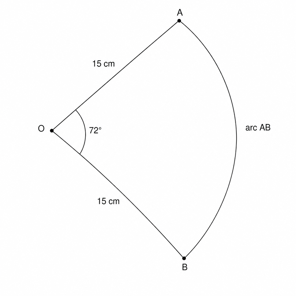 Diagram of a sector AOB with center O, radii 15 cm, and central angle 72 degrees.
