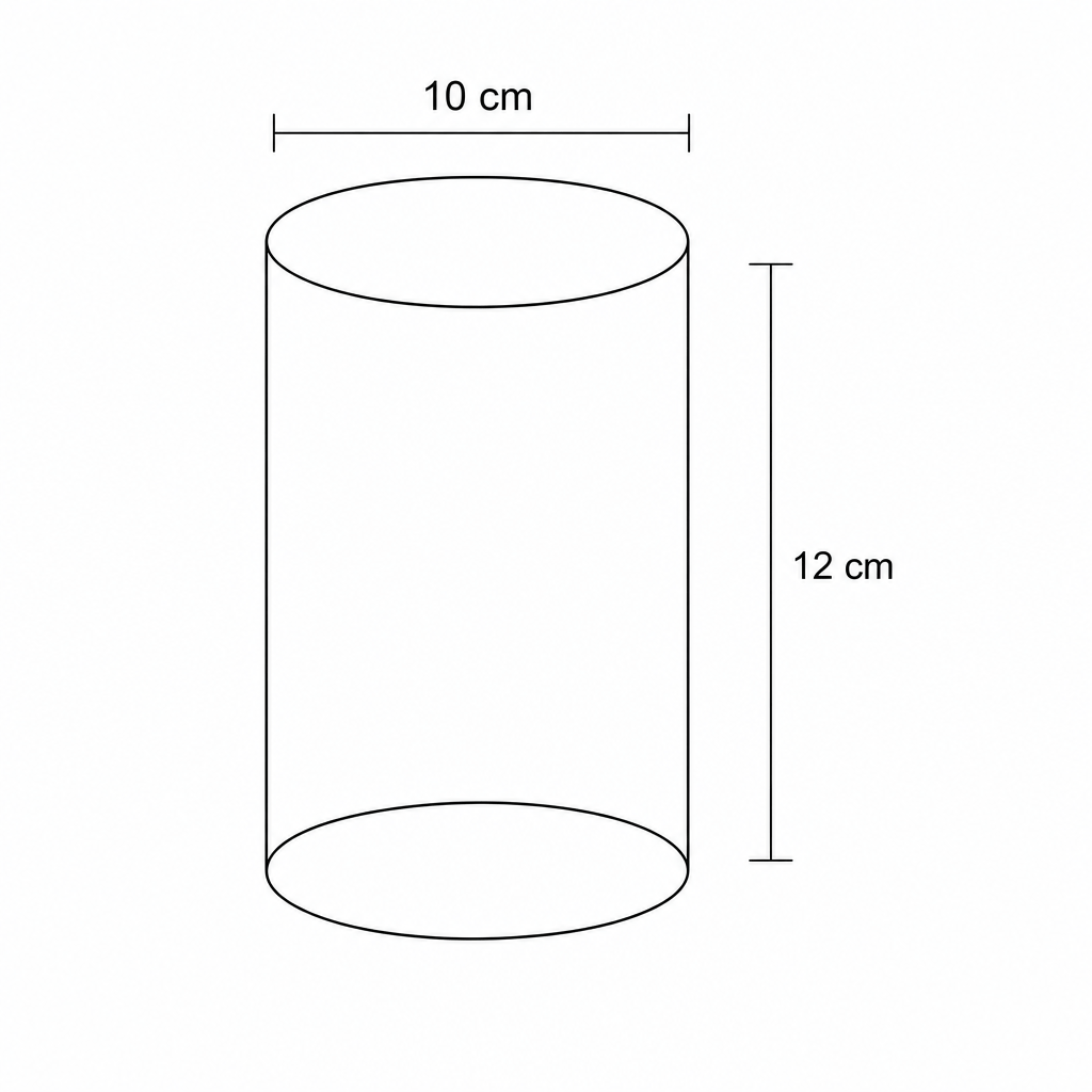 A cylinder with diameter 10 cm and height 12 cm.