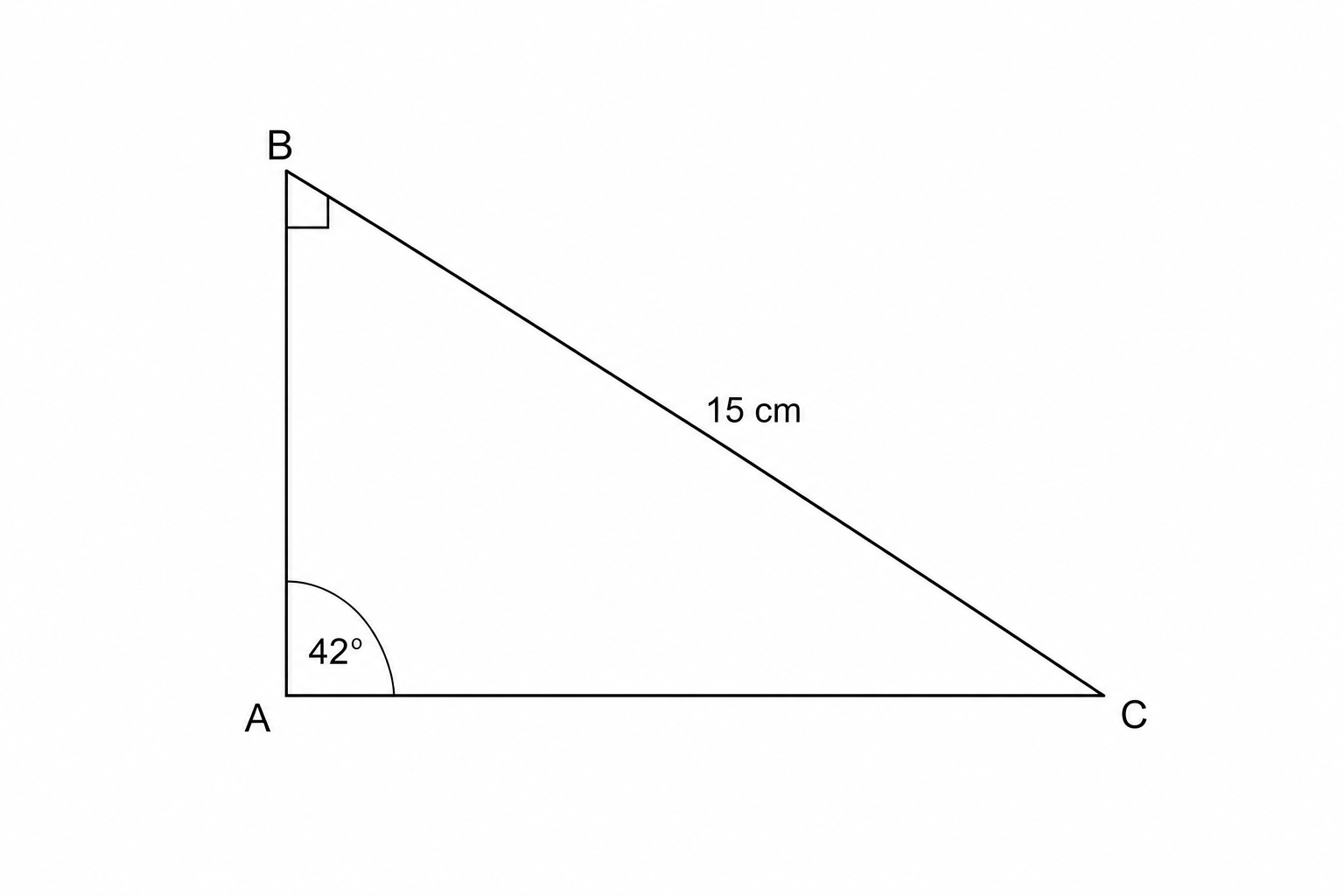 Right-angled triangle ABC with right angle at B, angle A = 42 degrees, and hypotenuse AC = 15 cm.