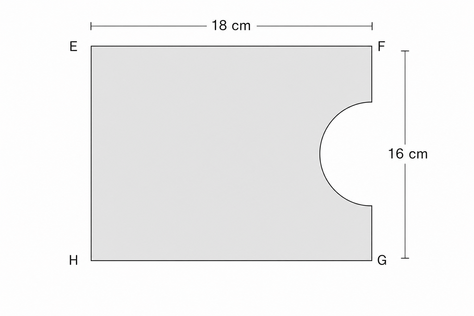 A diagram of a rectangle EFGH with a semi-circle cut out of it on side FG.