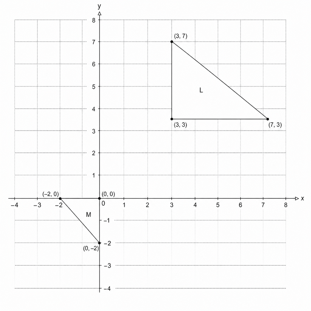A coordinate plane showing two triangles. Triangle L has vertices at (3, 3), (3, 7), and (7, 3). Triangle M has vertices at (0, 0), (0, -2), and (-2, 0).