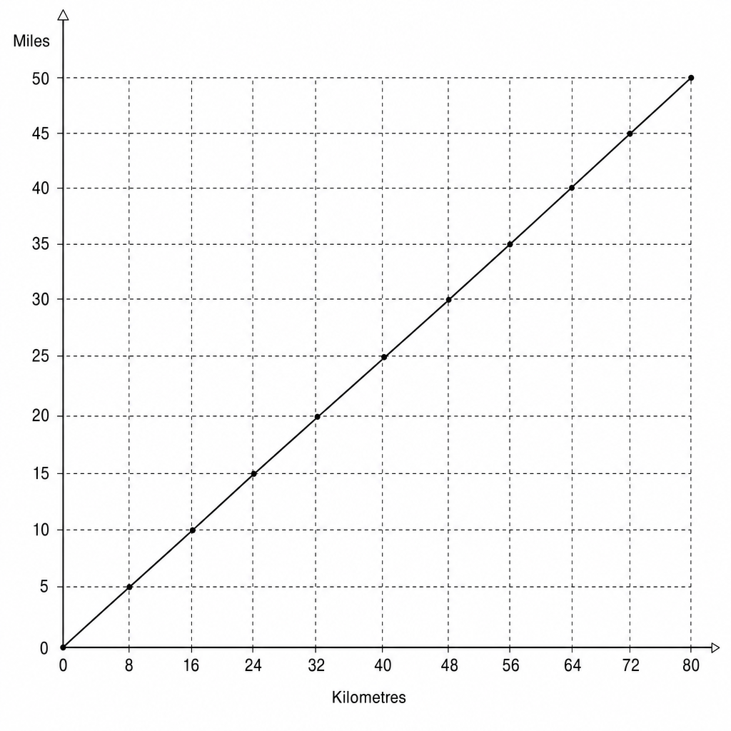 A line graph showing the conversion between kilometres and miles.