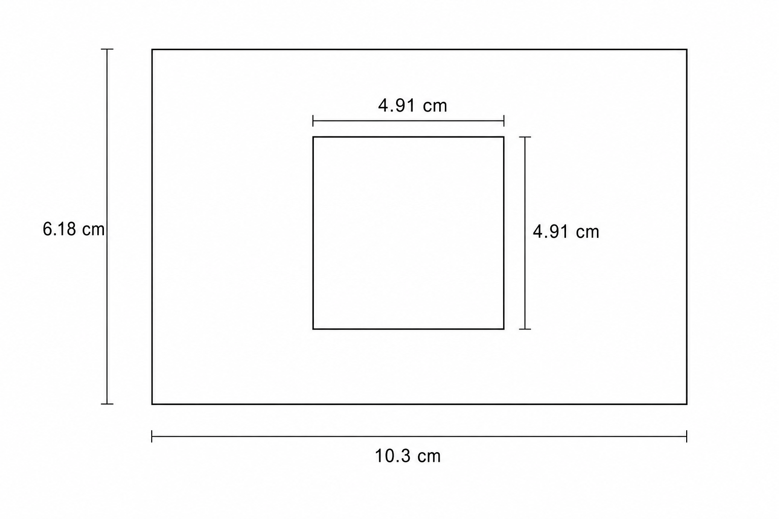 A diagram showing a large rectangular board with a square hole. The left side of the rectangle is labeled 6.18 cm. The bottom side of the rectangle is labeled 10.3 cm. The top side of the square hole is labeled 4.91 cm. The right side of the square hole is labeled 4.91 cm.