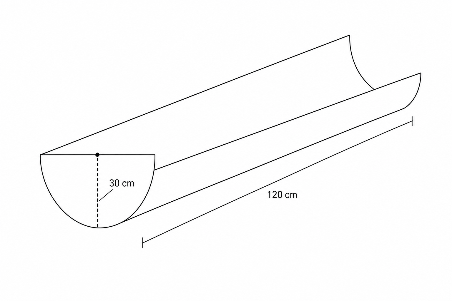 Diagram of a semi-cylinder with radius 30 cm and length 120 cm.