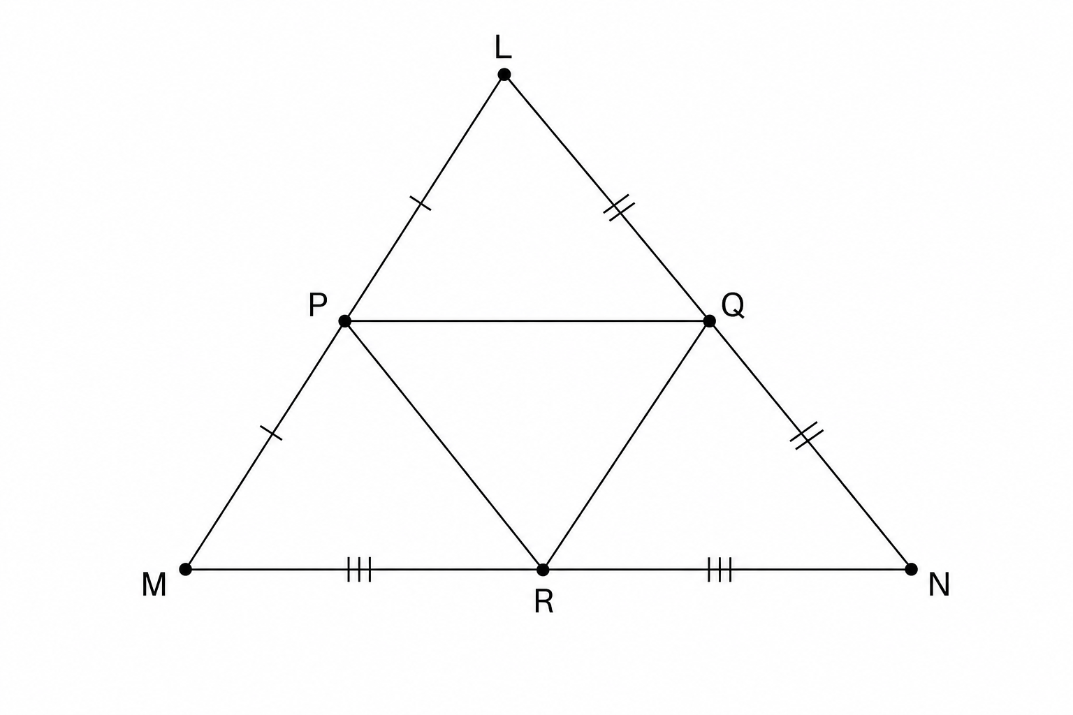 Diagram of triangle LMN with midpoints P, Q, and R.