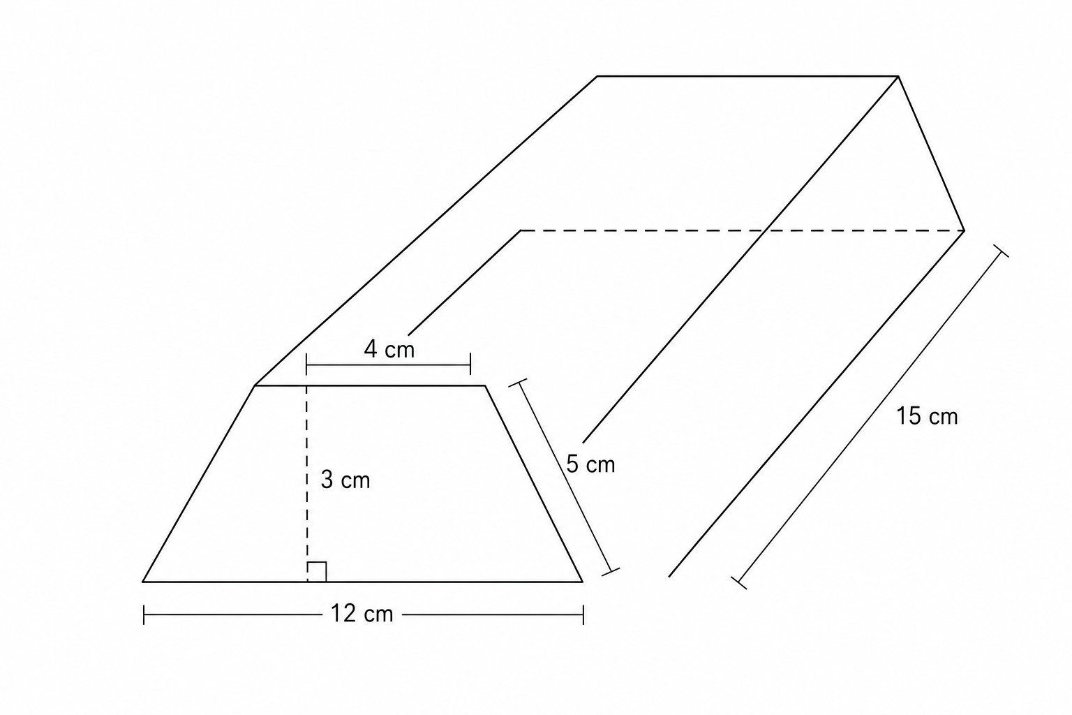 A trapezoidal prism: top base 4 cm, bottom base 12 cm, height 3 cm, slant side 5 cm, and length 15 cm.