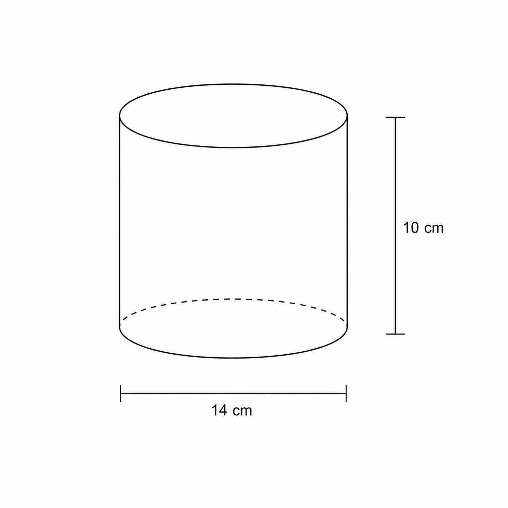 Diagram of a solid cylinder with diameter 14 cm and height 10 cm.
